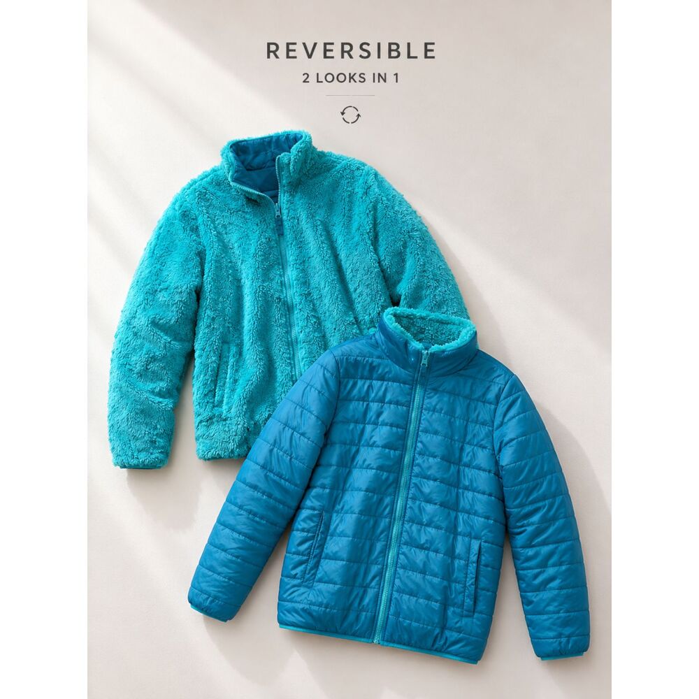 Lands’ End Reversible Puffer Jacket Youth XL Adult (XS-S) Teal Hooded Gorpcore